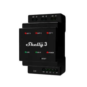 Shelly PRO 3 – három áramkörös WiFi + Ethernet okosrelé, kapcsolóbemenettel, DIN-sínre szerelhető